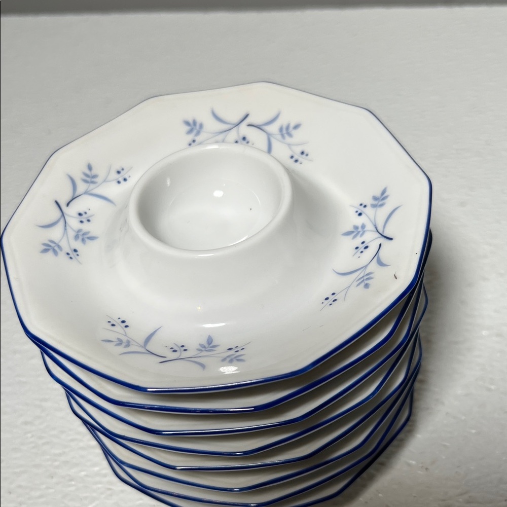 Winterling Bavaria Porcelain White Blue Rim Floral Pattern Egg Plate Set 8